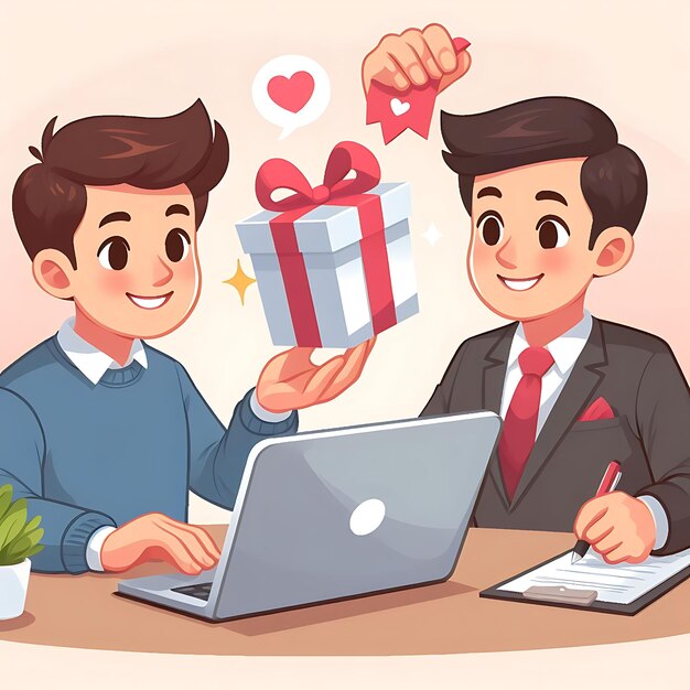 vector a man in a suit is holding a gift and a laptop with a heart on it