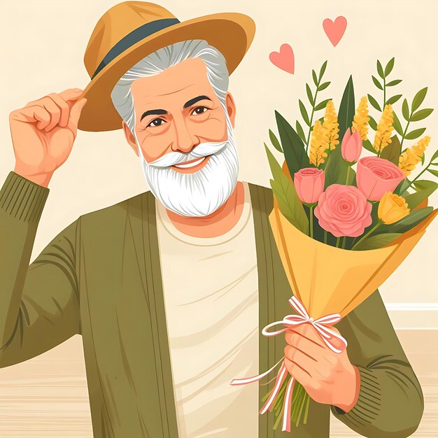 Photo vector a man with a white beard holds a bouquet of flowers