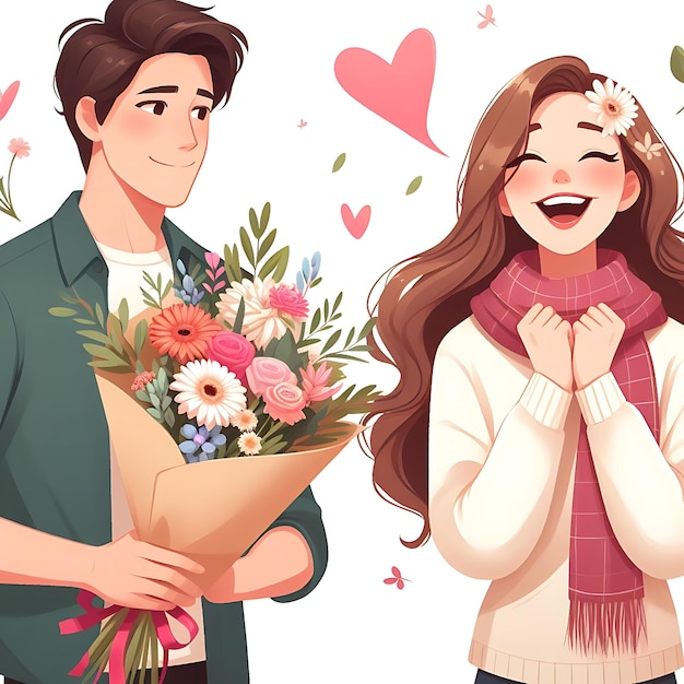 vector a man and a woman are holding flowers and smiling