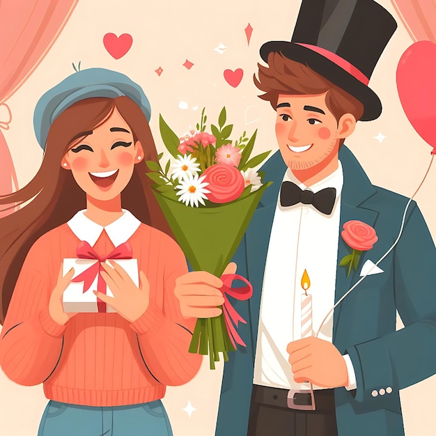 vector a man and a woman are holding flowers and a woman