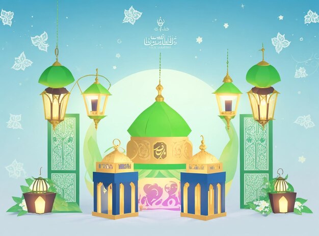 Vector mawlid al nabi beautiful greeting with mosque and lantern vector