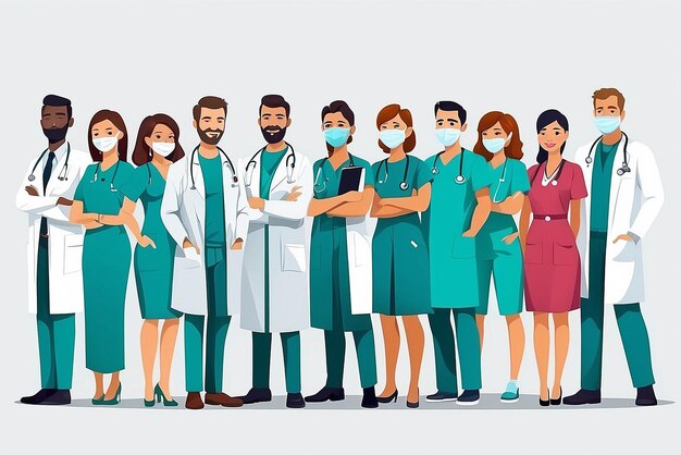 Vector of a medical staff group of confident doctors and nurses