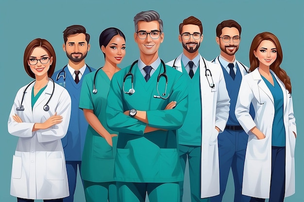 Vector of a medical staff group of confident doctors and nurses