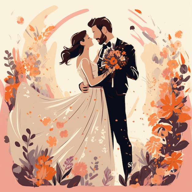 Векторная минималистская книга о браке с иллюстрацией персонажей свадебной пары