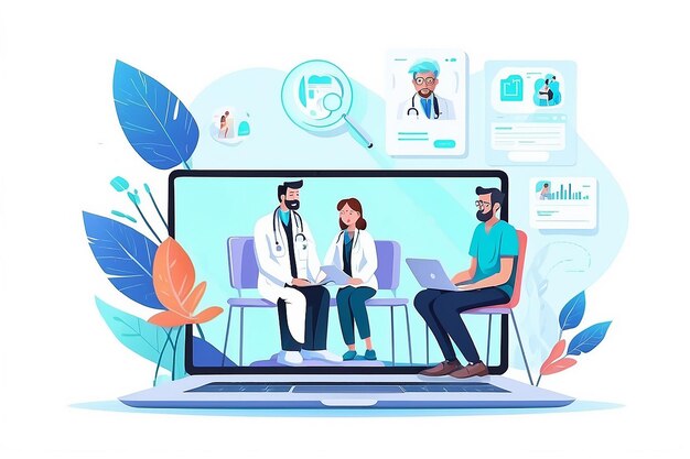 Photo vector modern flat online doctor illustration laptop with man doctor talking with family isolated on white background