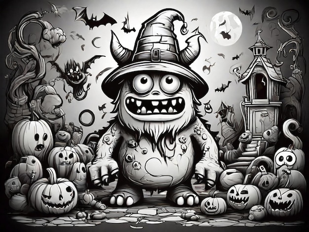 Foto vettore o mostro doodle halloween per colorare o pagina