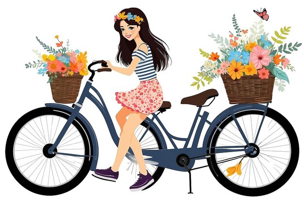 Foto vector mooi meisje met fiets vector fiets met bloemen mandje meisje met fiets vector illustratie