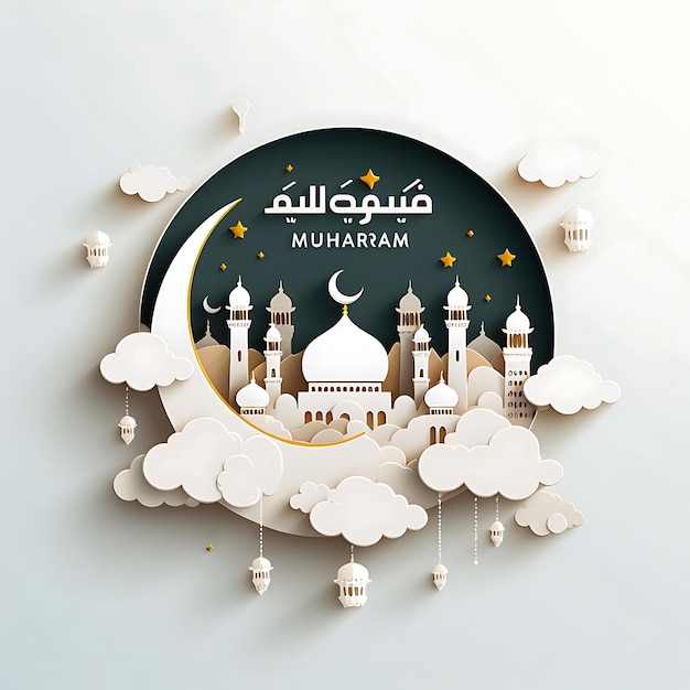 Photo vector muharram a picture of a mosque and the moon with the words quot arabic quot on the bottom