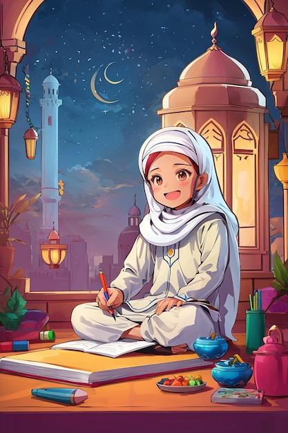 Vector muslim kids coloring page for ramadan activity vector concept