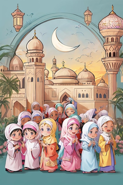 Vector muslim kids coloring page for ramadan activity vector concept