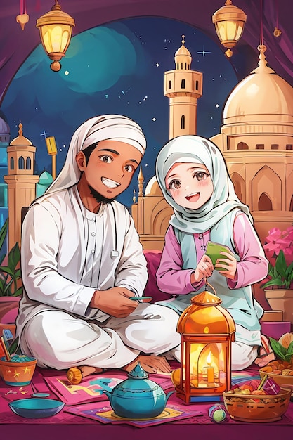 Vector muslim kids coloring page for ramadan activity vector concept