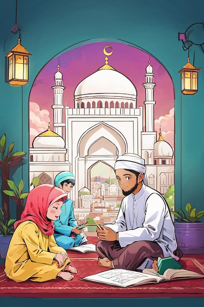 Vector muslim kids coloring page for ramadan activity vector concept