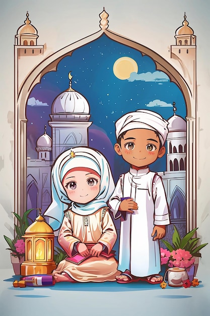 Vector muslim kids coloring page for ramadan activity vector concept