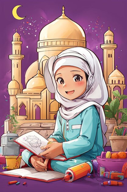 Vector muslim kids coloring page for ramadan activity vector concept