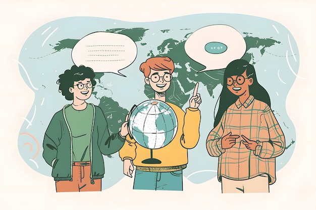 Фото Вектор молодых людей с пузырьками речи на фоне карты мира