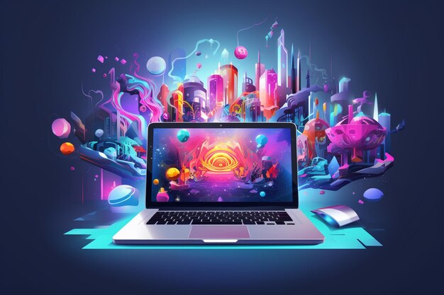 Vector online games concept illustration with computer