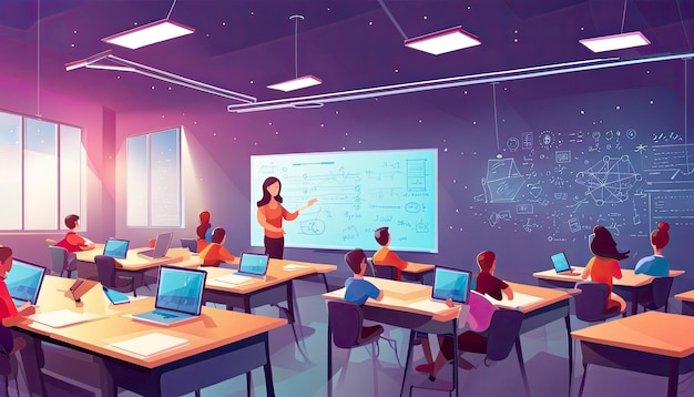 Vector Online Learning Concept depicting a modern classroom environment