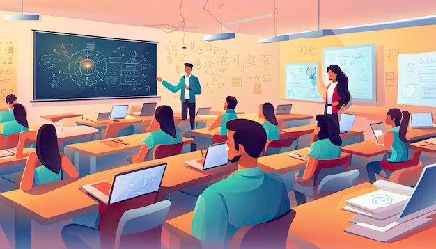 Vector Online Learning Concept depicting a modern classroom environment