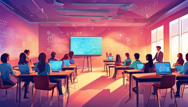 현대 교실 환경을 묘사하는 벡터 온라인 학습 개념