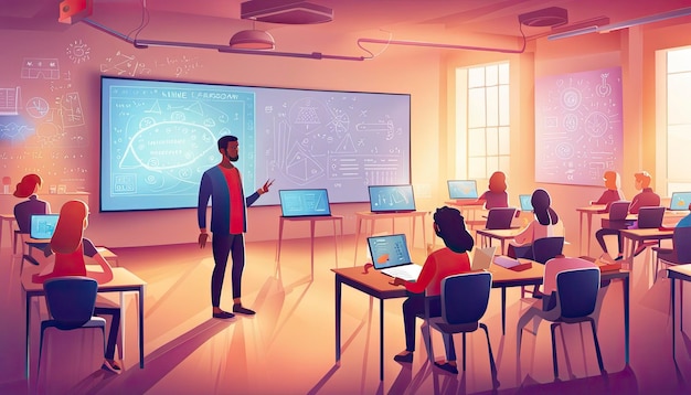 Vector Online Learning Concept depicting a modern classroom environment
