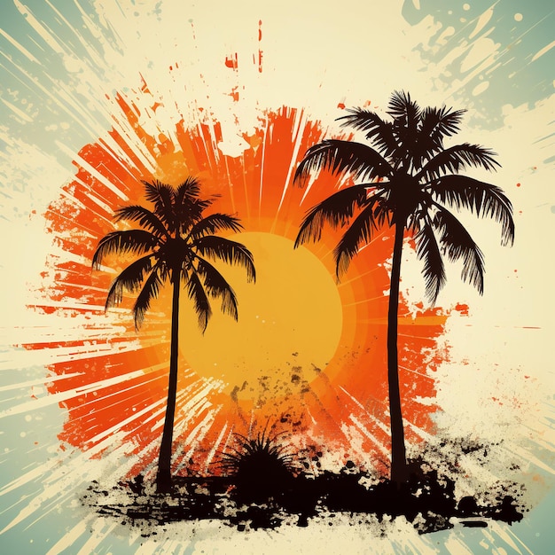 Векторные пальмы на гранж-фоне солнечных лучей