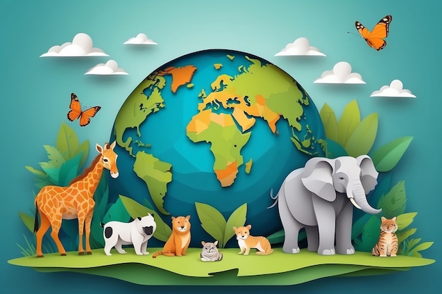 Photo vector paper style illustration for world animal day celebration