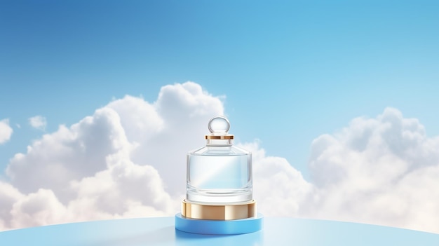 vector parfum spuitfles op podium met wolken in de lucht mock up banner