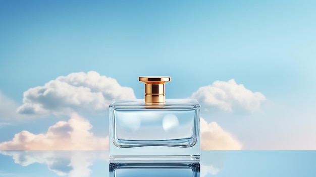 vector parfum spuitfles op podium met wolken in de lucht mock up banner