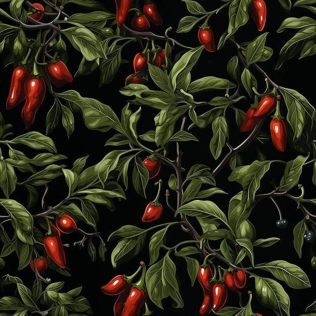 Vector pattern Branch of red chili peppers on a black background Illustration