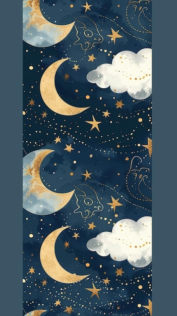 Векторный рисунок золотые звезды луна и галактика блеск пунктирная линия белый облак синий тон