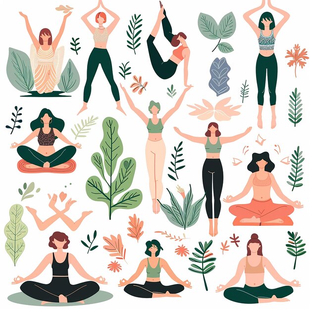 Photo vector of people practising yoga and spiritual meditation outdoors alone and in class flat isolated