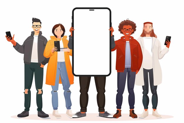 Foto vettore di persone con smartphone pubblicità sullo schermo vuoto app per telefoni cellulari