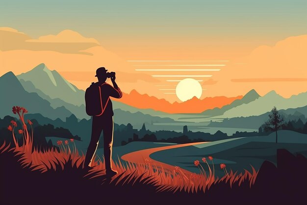 vector of a photographer capturing a beautiful landscape silhouette vector illustration