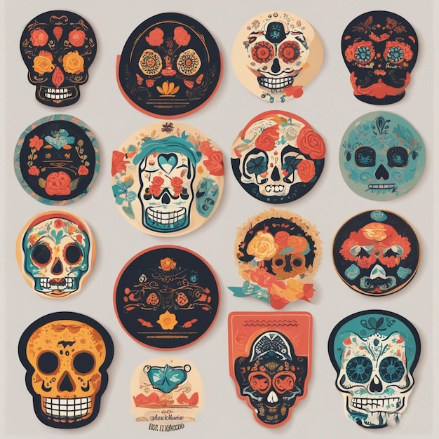 Vector platte dia de muertos badges collectie ai gegenereerd