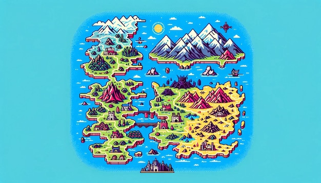 Vector platte illustratie in een 16-bit kleur stijl een kaart met legendarische huizen en bergen