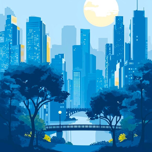 Vector poster with the city in blue Modern city with trees buildings and a bridge