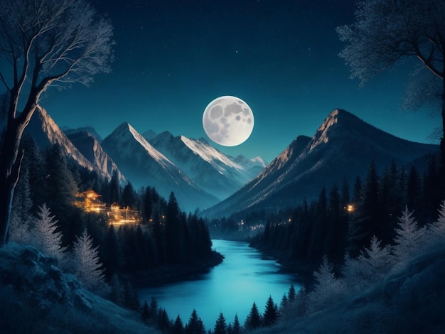 Vector prachtige nacht met maan berg en bomen aan de oever van de rivier