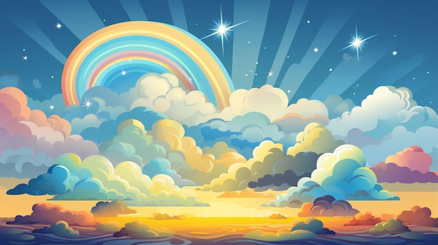 vector rainbow with clouds on yellow background