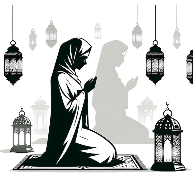 Foto vettore ramadan una foto in bianco e nero di una donna che prega in una moschea