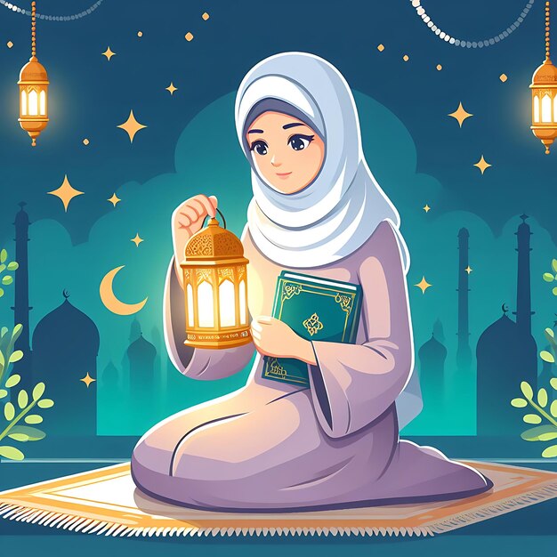 vector ramadan een vrouw zit op een mat met een lantaarn en een maan op de achtergrond