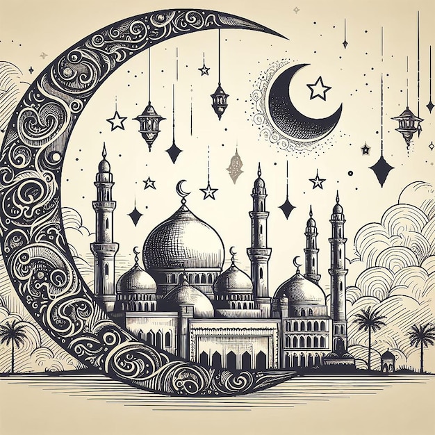 vector ramadan kareem islamic moon and mosque sketch card background