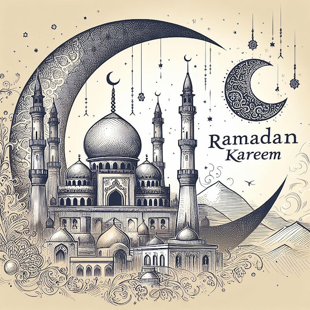 vector ramadan kareem islamic moon and mosque sketch card background