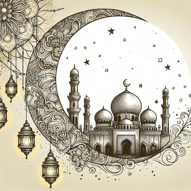 vector ramadan kareem islamic moon and mosque sketch card background