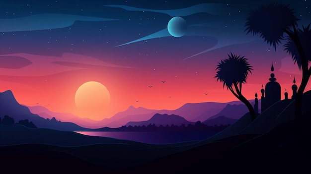 vector ramadan landschapsachtergrond bij zonsondergang