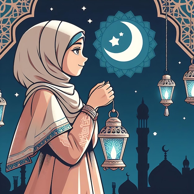 vector ramadan a woman in a hijab with a moon and a mosque in the background