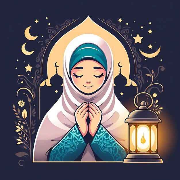 vector ramadan a woman praying with a lantern and a lantern in the background