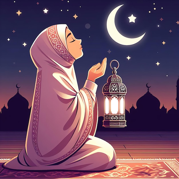 vector ramadan a woman sits on a mat under a lantern that says quot a woman prays quot