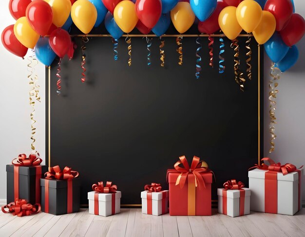 Vector realistic black friday sale banner with gifts and balloons