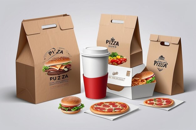 Foto set di imballaggi di cartone vettoriali realistici per la consegna di pizza burger e fast food scatole e confezioni sacchetti da spesa vuoti