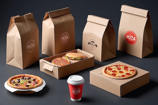Vector realistic cardboard packaging set Pizza burger and fast food delivery boxes and packs blank shopping bags